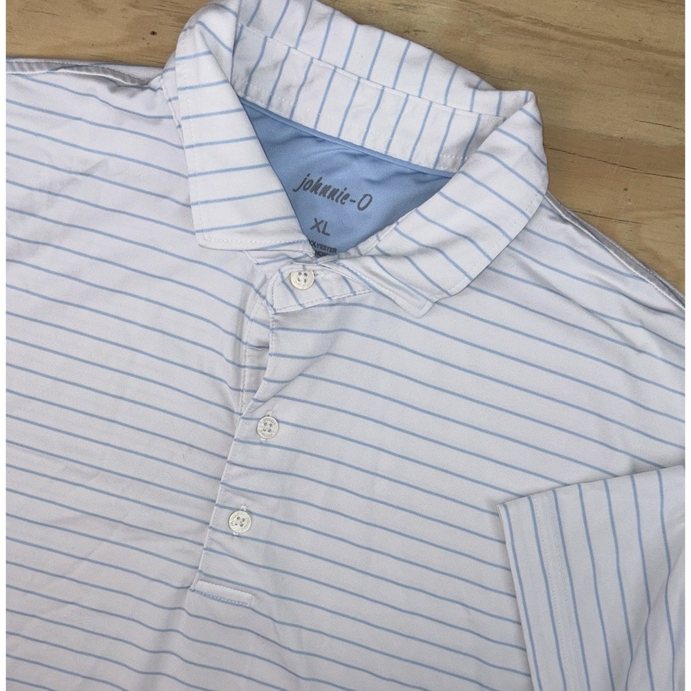 Johnnie O Mens Golf Polo Size XL White Light Blue Striped Stretch Performance